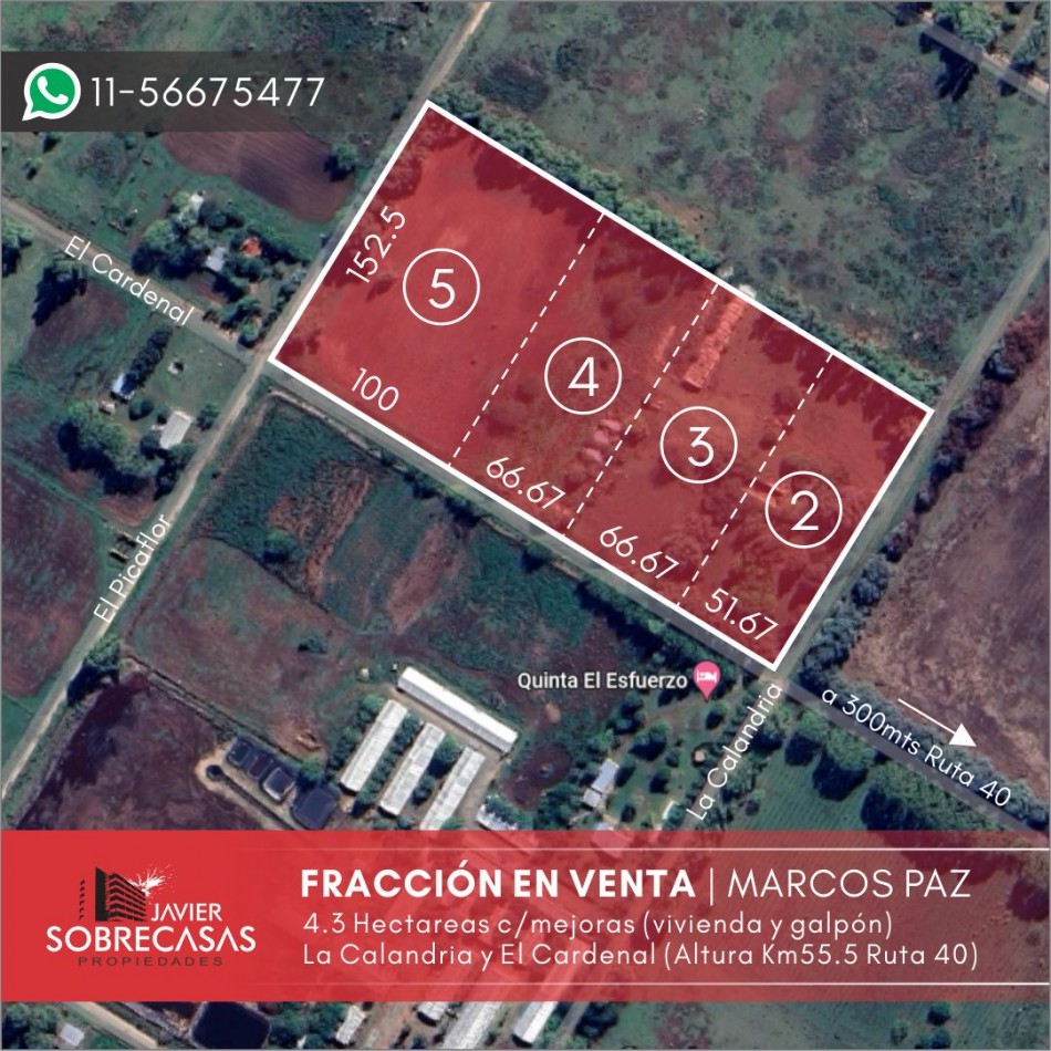 FRACCION DE 4.3 HAS EN VENTA - Marcos Paz - Pcia. de Buenos Aires.